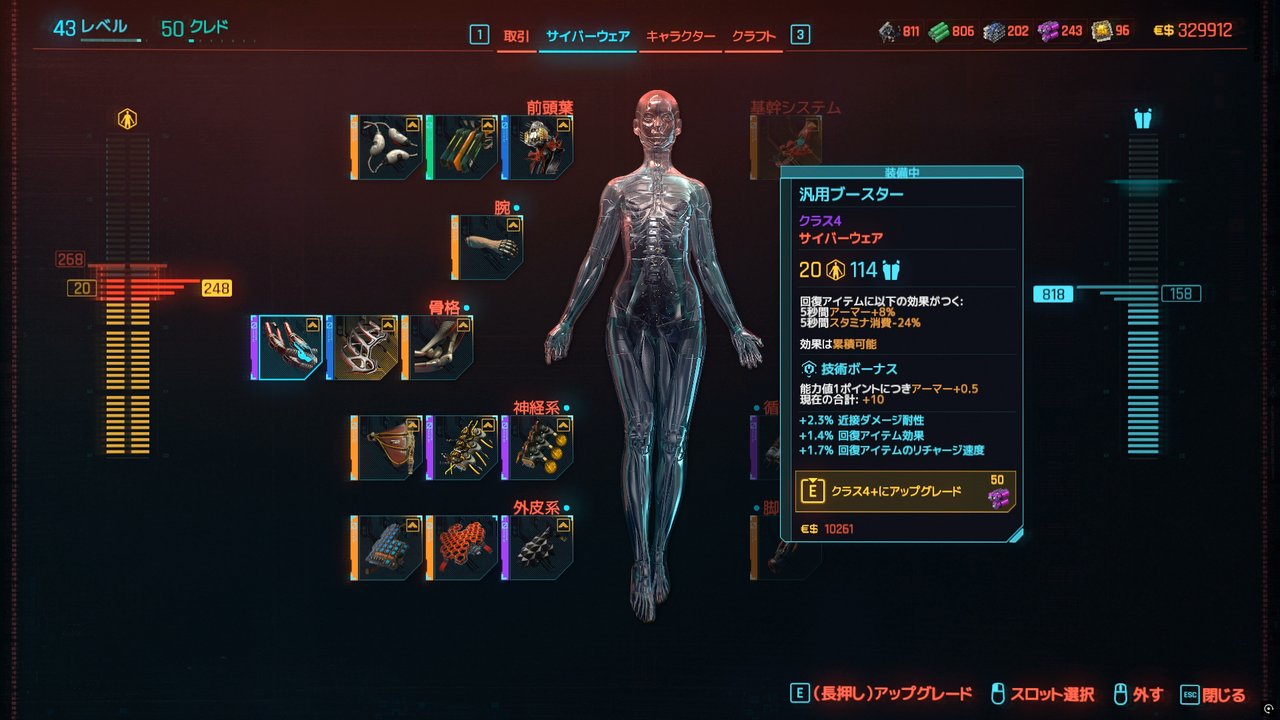 リパードクのサイバーウェア画面。人体の図の周りに前頭葉・腕・骨格・神経系・外皮系の装備枠が並ぶ