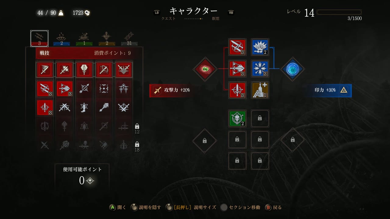 レベル14のキャラクター画面。戦技のスキルツリーと装備スロット