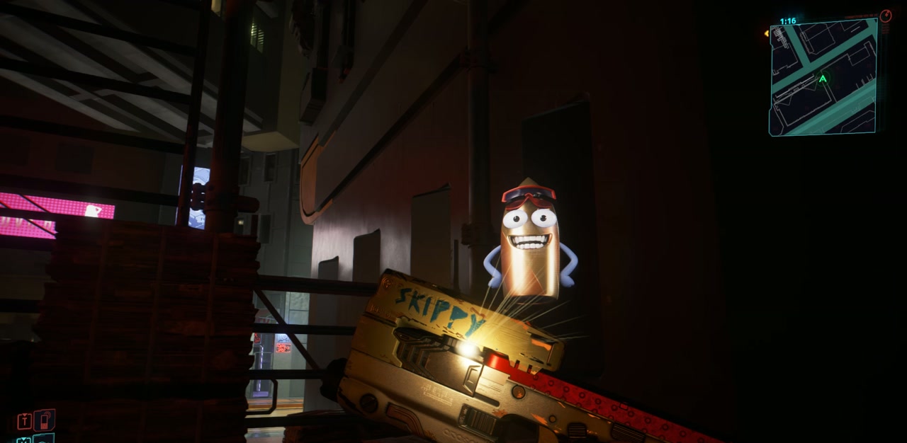 路地裏で拾ったスキッピーを手に持った画面。銃の上に弾丸の姿をしたスキッピーのホログラムが浮かび、笑っている